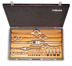 Sada závitníků a závitnic z chromové oceli, válcový závit GAS, a příslušenství v dřevěném pouzdře 446 ASG/C23